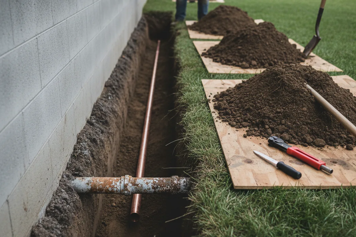 Excavated water line trench during Sewer Line Repair in Fromberg